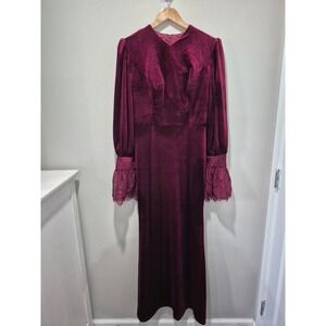 Chiclody Burgundy Velvet Lace Cuff Maxi Dress Long Sleeve V-Neck Gown Size 8 NEW